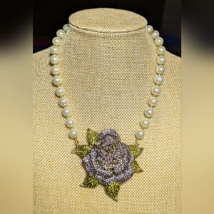 New Pearl Necklace with a Large Lavender Rose Centerpiece - Marked Heidi Daus